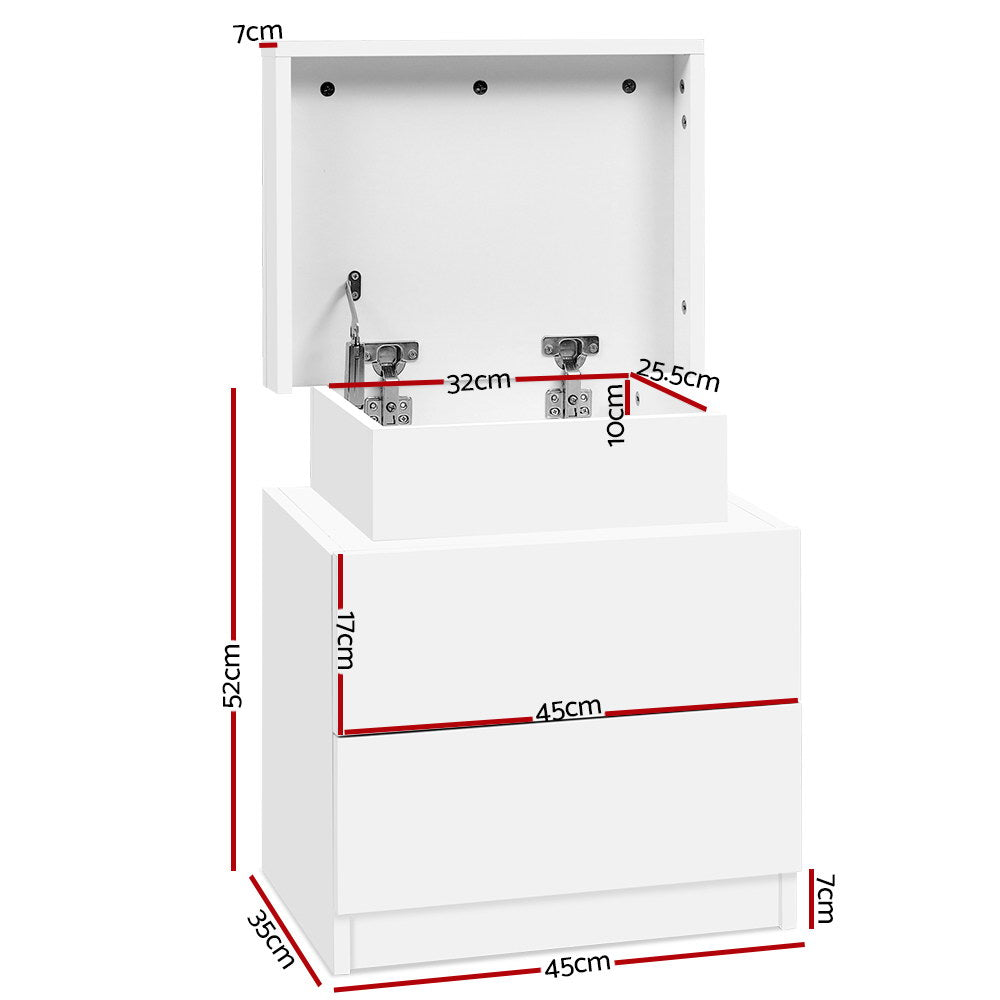 Modern Bedside Table 2 Drawers Lift-up Storage - White