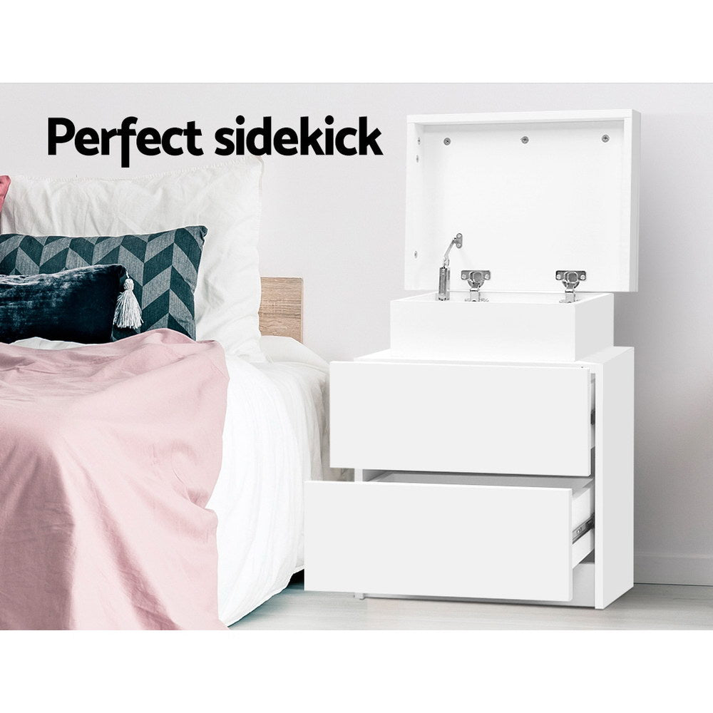 Modern Bedside Table 2 Drawers Lift-up Storage - White