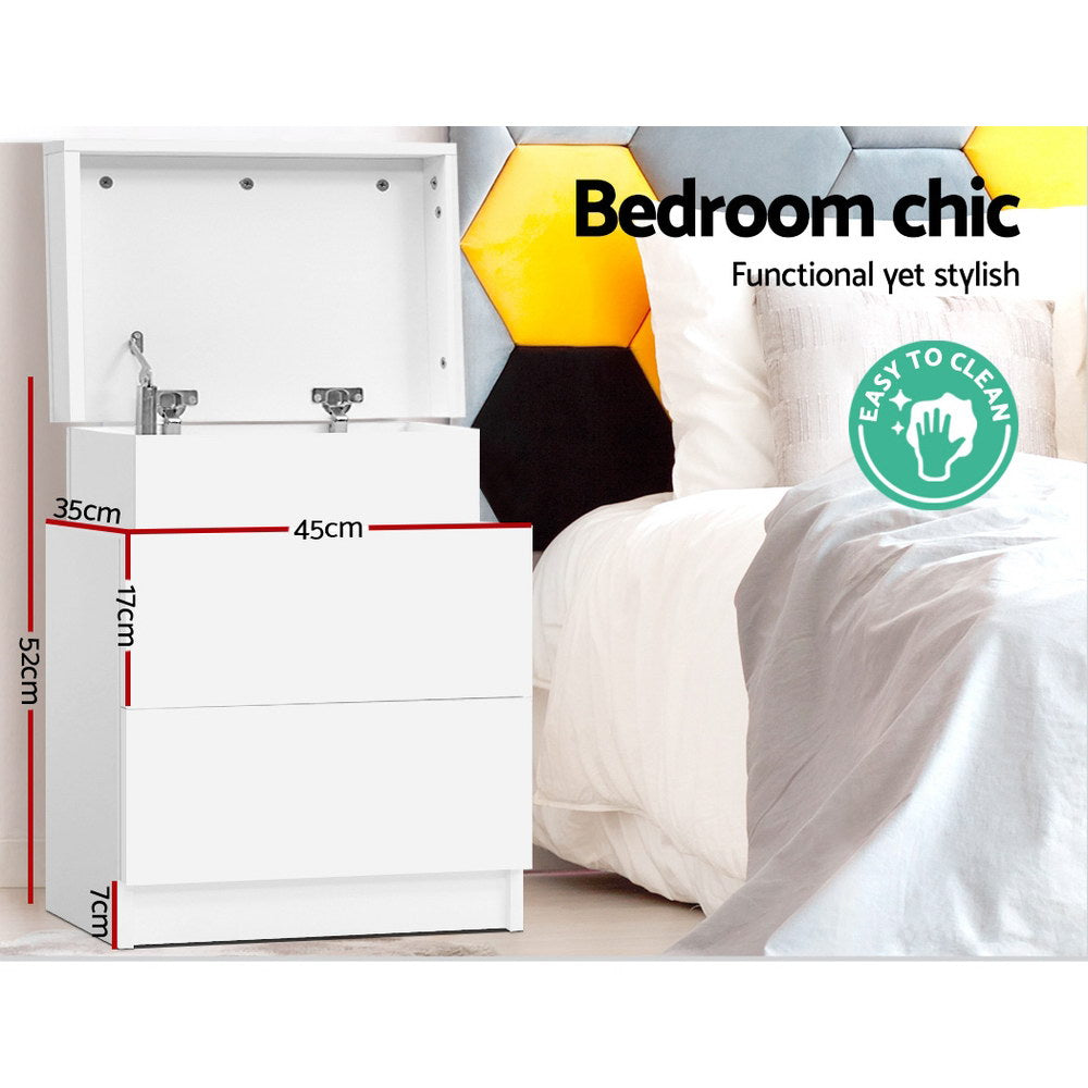 Modern Bedside Table 2 Drawers Lift-up Storage - White