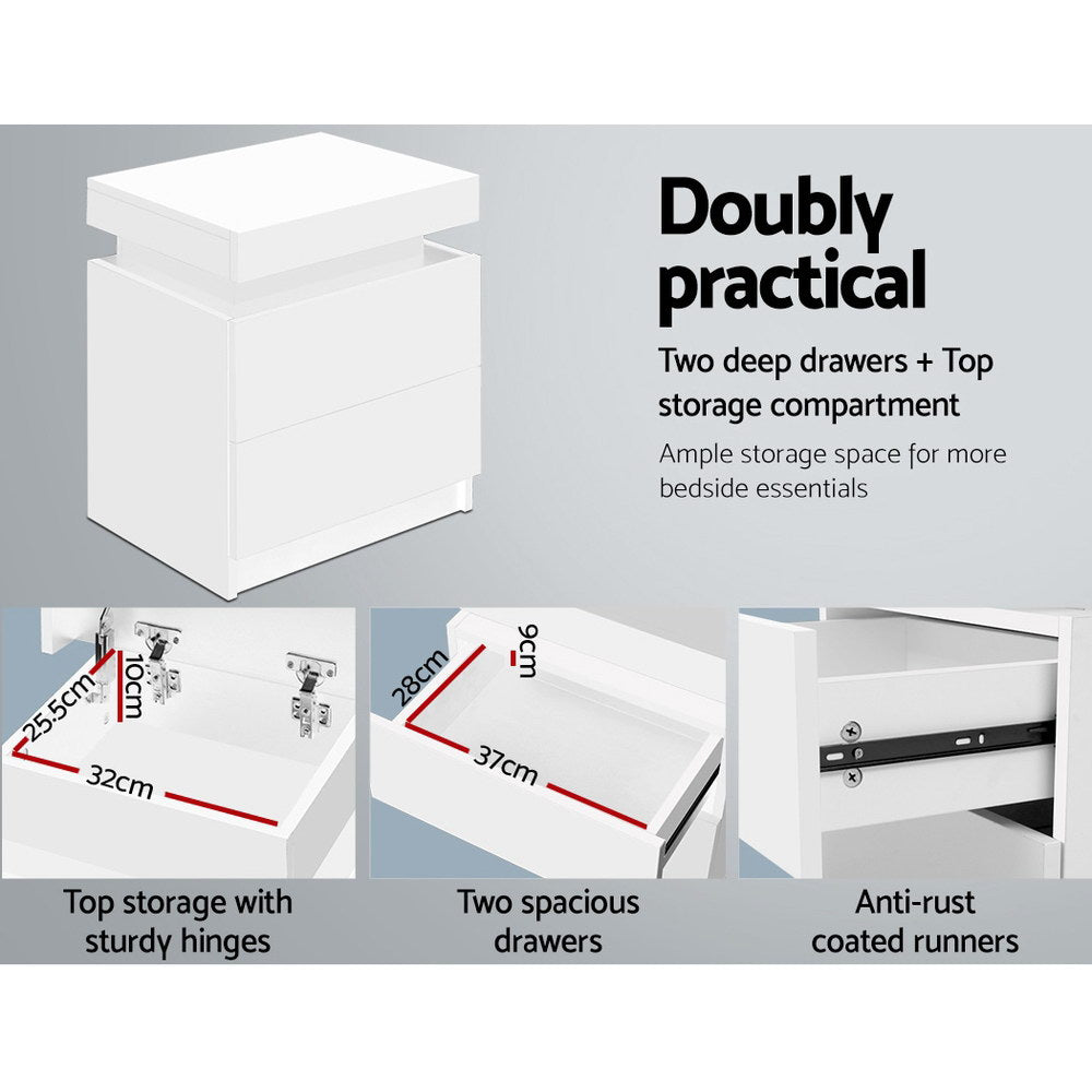 Modern Bedside Table 2 Drawers Lift-up Storage - White