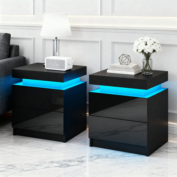 2X Bedside Table LED 2 Drawers Lift-up Storage - COLEY Black