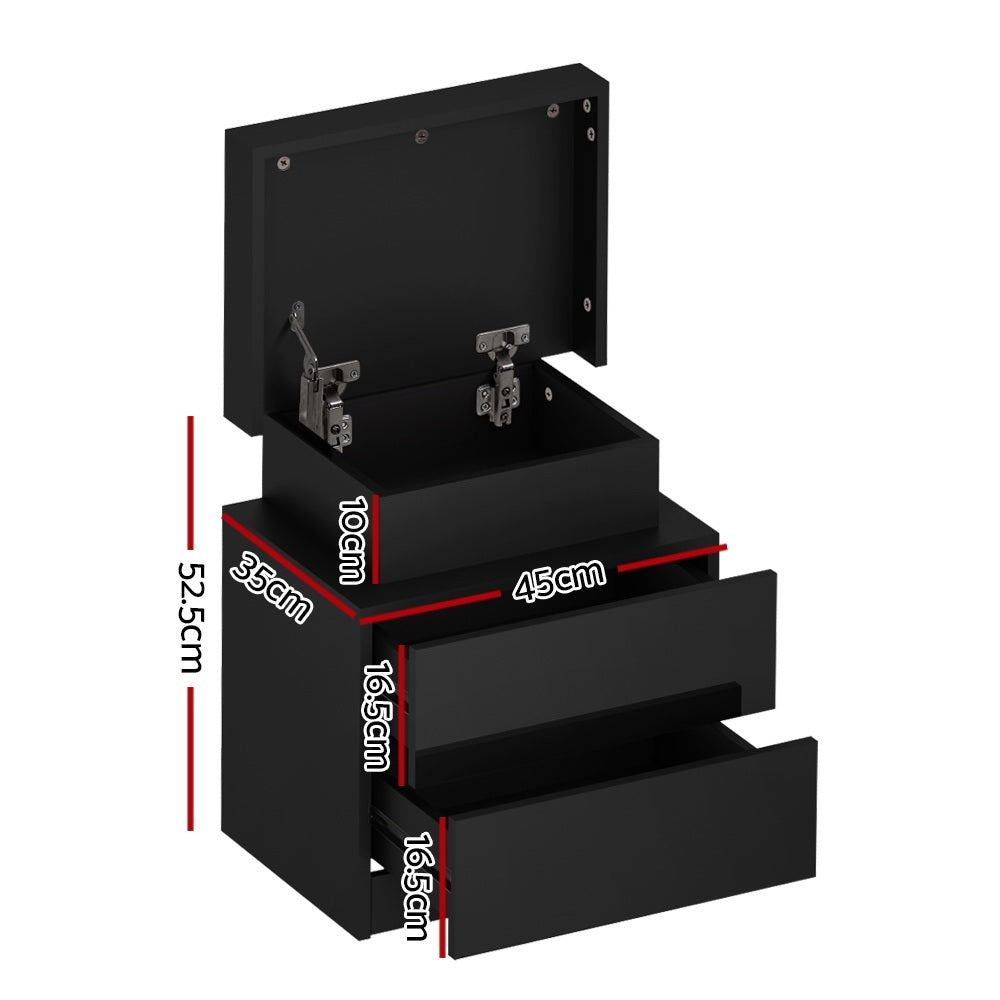 2X Bedside Table LED 2 Drawers Lift-up Storage - COLEY Black