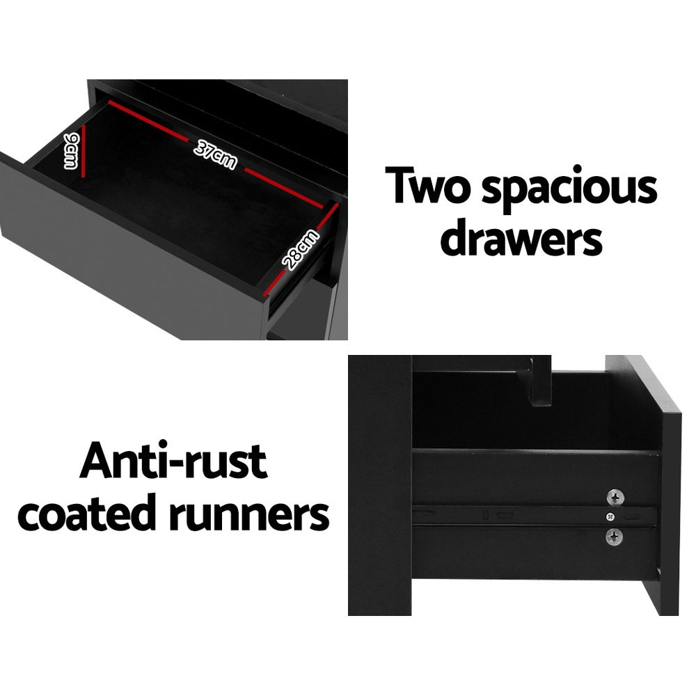 2X Bedside Table LED 2 Drawers Lift-up Storage - COLEY Black
