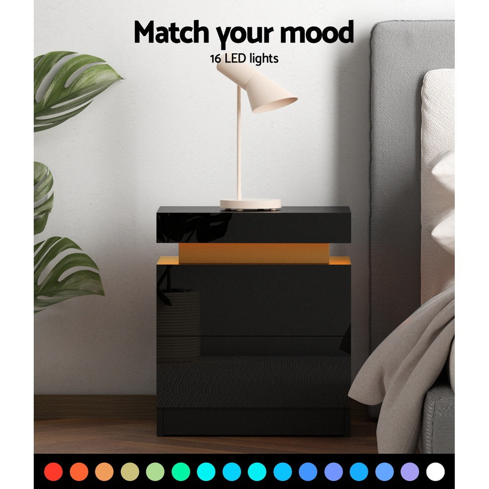 2X Bedside Table LED 2 Drawers Lift-up Storage - COLEY Black