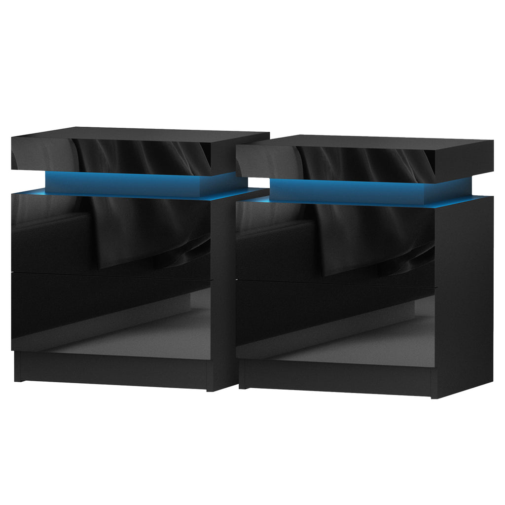 2X Bedside Table LED 2 Drawers Lift-up Storage - COLEY Black