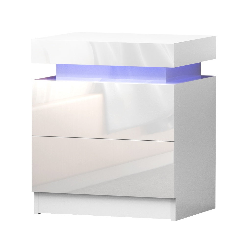 2X Bedside Table LED 2 Drawers Lift-up Storage - COLEY White