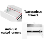 2X Bedside Table LED 2 Drawers Lift-up Storage - COLEY White