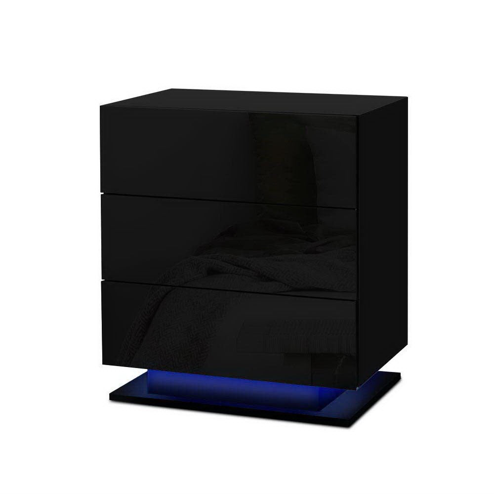 2x Bedside Table LED 3 Drawers - MORI Black