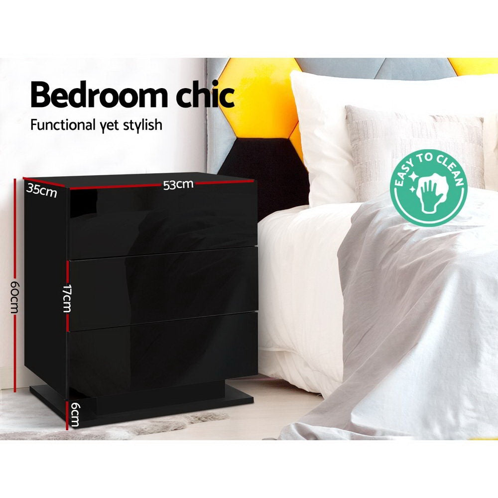2x Bedside Table LED 3 Drawers - MORI Black