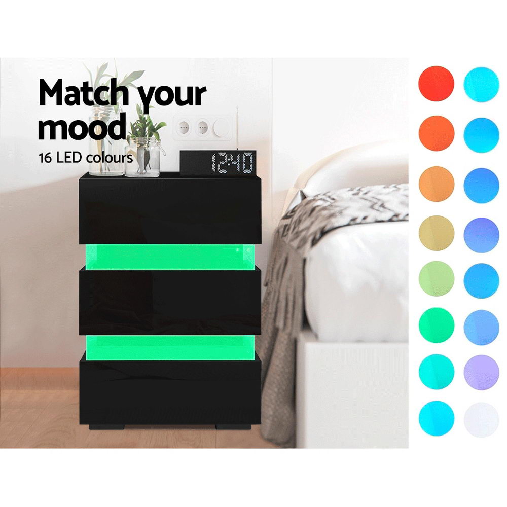 Bedside Table LED 3 Drawers - LUMI Black