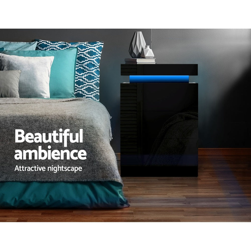 2X Bedside Table LED 3 Drawers - COLEY Black
