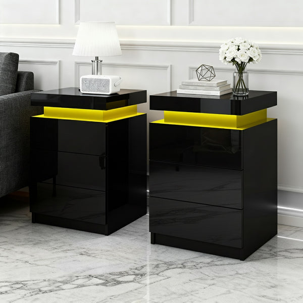 Set of 2 Modern LED Bedside Table LED 3 Drawers Black