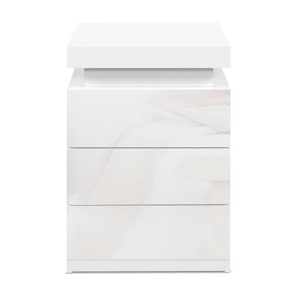 2X Bedside Table LED 3 Drawers - COLEY White