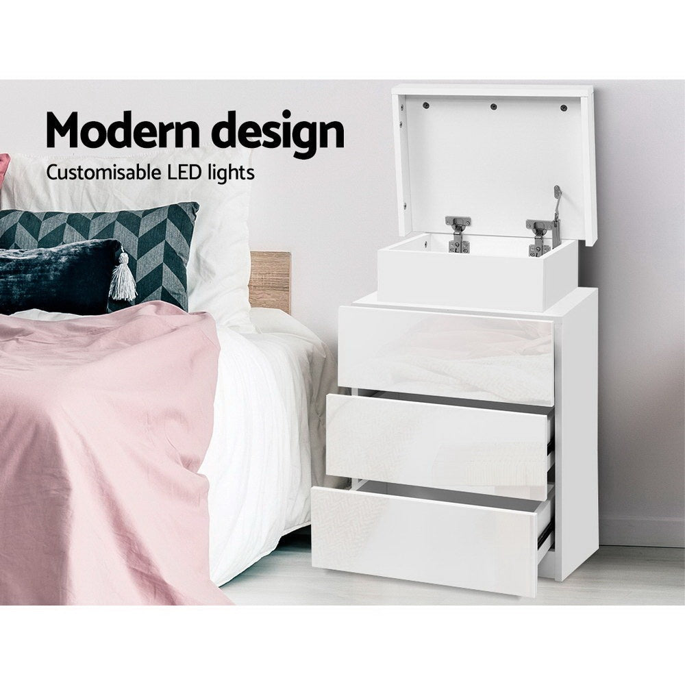 2X Bedside Table LED 3 Drawers - COLEY White