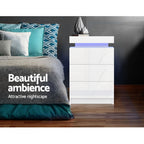 2X Bedside Table LED 3 Drawers - COLEY White