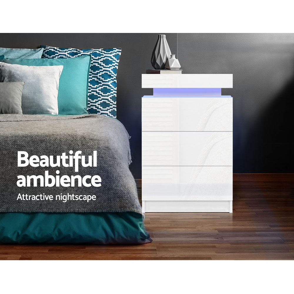 2X Bedside Table LED 3 Drawers - COLEY White