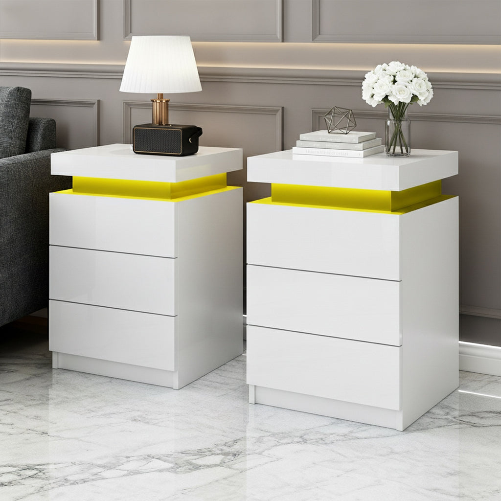 2X Bedside Table LED 3 Drawers - COLEY White