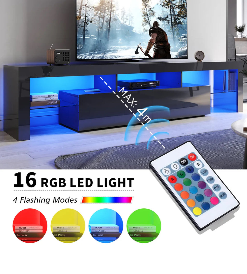TV Cabinet Entertainment Unit Stand RGB LED Gloss Furniture 200cm Black