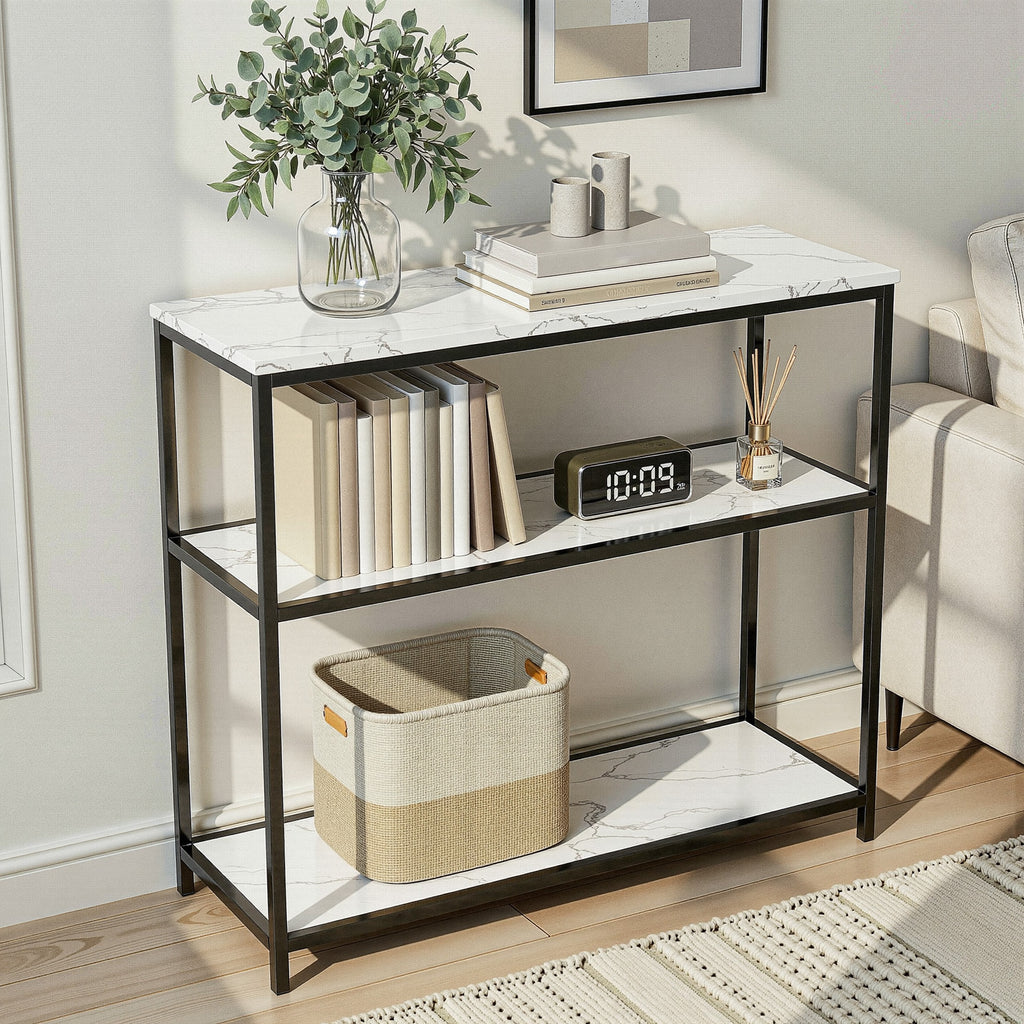 Artiss Console Table Marble Effect 3-Tier Sofa Entryway Side Table 90CM White