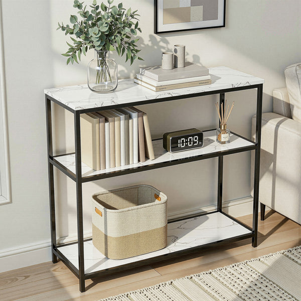 Console Table Marble Effect 3-Tier Sofa Entryway Side Table 90CM White