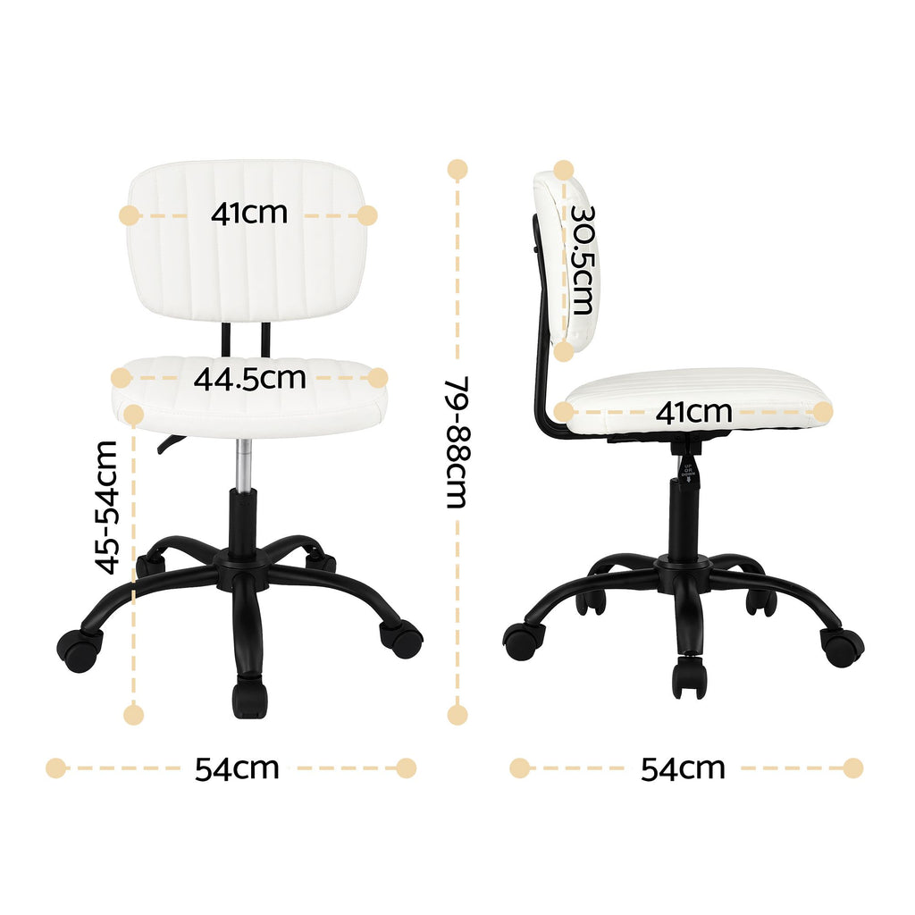Armless Office Chair with Wheels, Ergonomic PU Leather Office Desk Chair, Height Adjustable 360° Swivel Computer Task Chair for Home Office, Study Room & Small Space, White