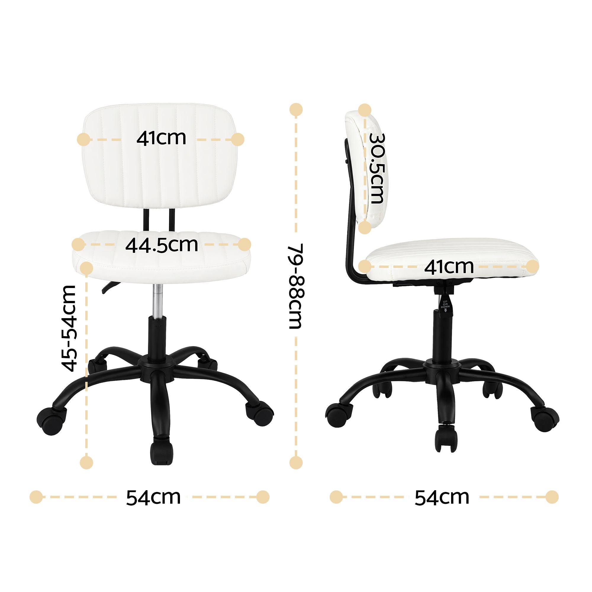 Armless Office Chair with Wheels, Ergonomic PU Leather Office Desk Chair, Height Adjustable 360° Swivel Computer Task Chair for Home Office, Study Room & Small Space, White