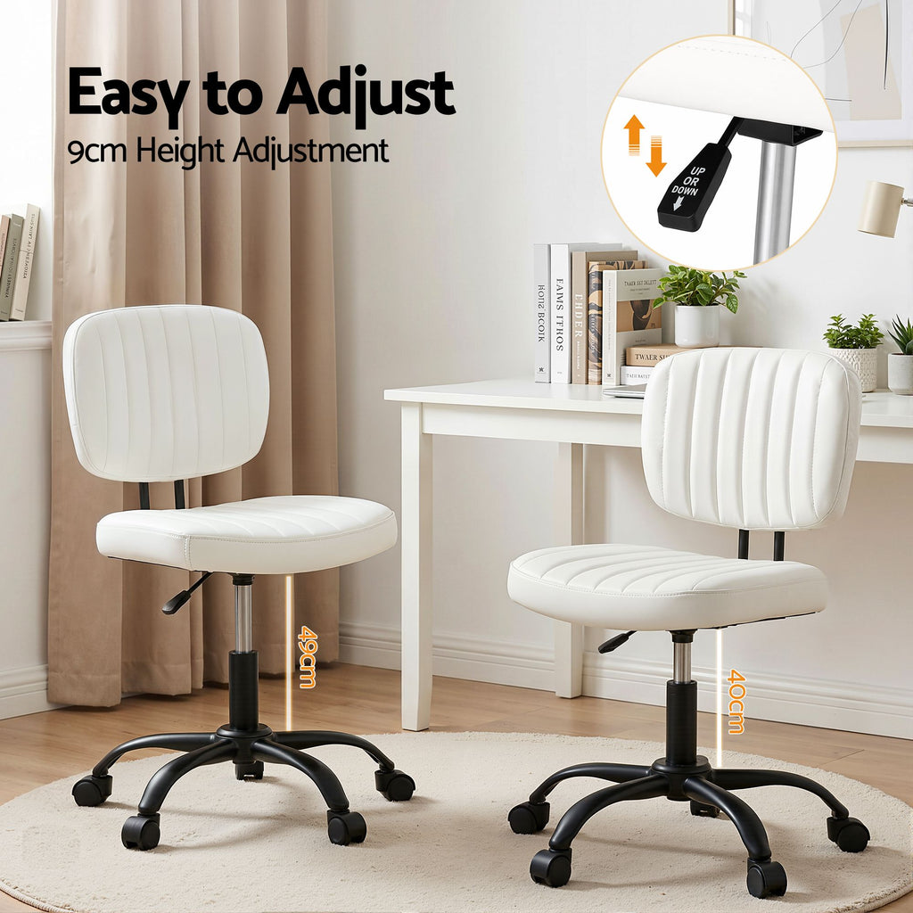 Armless Office Chair with Wheels, Ergonomic PU Leather Office Desk Chair, Height Adjustable 360° Swivel Computer Task Chair for Home Office, Study Room & Small Space, White
