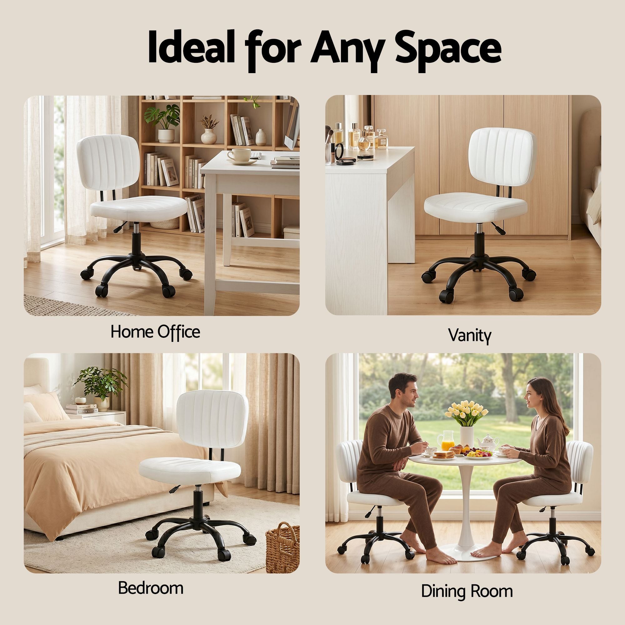 Armless Office Chair with Wheels, Ergonomic PU Leather Office Desk Chair, Height Adjustable 360° Swivel Computer Task Chair for Home Office, Study Room & Small Space, White