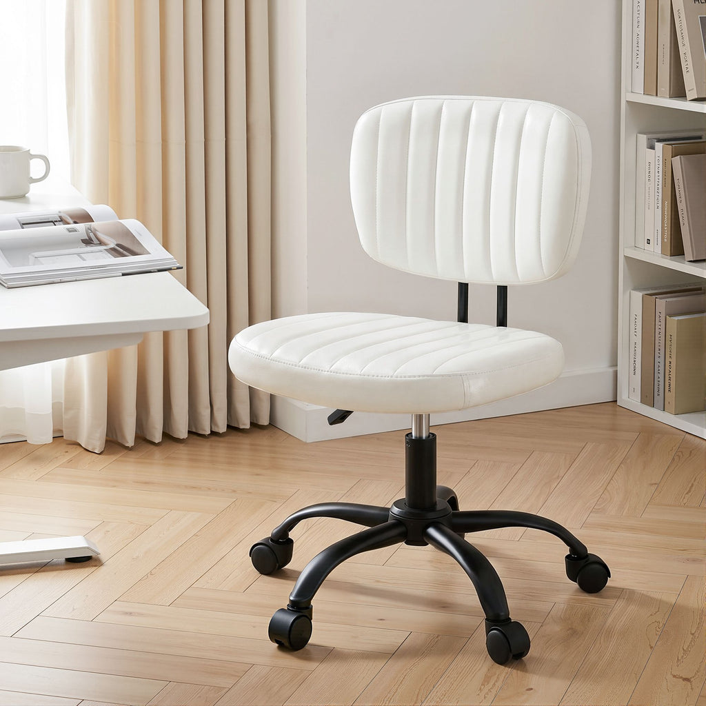 Armless Office Chair with Wheels, Ergonomic PU Leather Office Desk Chair, Height Adjustable 360° Swivel Computer Task Chair for Home Office, Study Room & Small Space, White