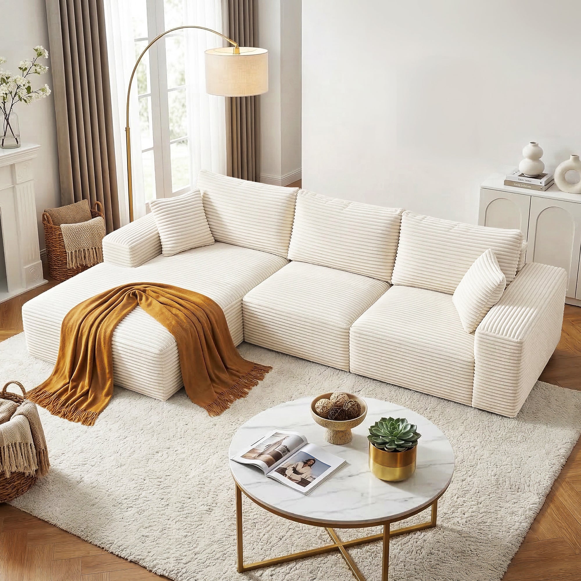 3 Seater Modular Sofa Bed Sectional Boneless Couches for Living Room Corduroy Compressed Sofa White