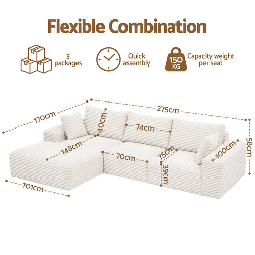 3 Seater Modular Sofa Bed Sectional Boneless Couches for Living Room Corduroy Compressed Sofa White