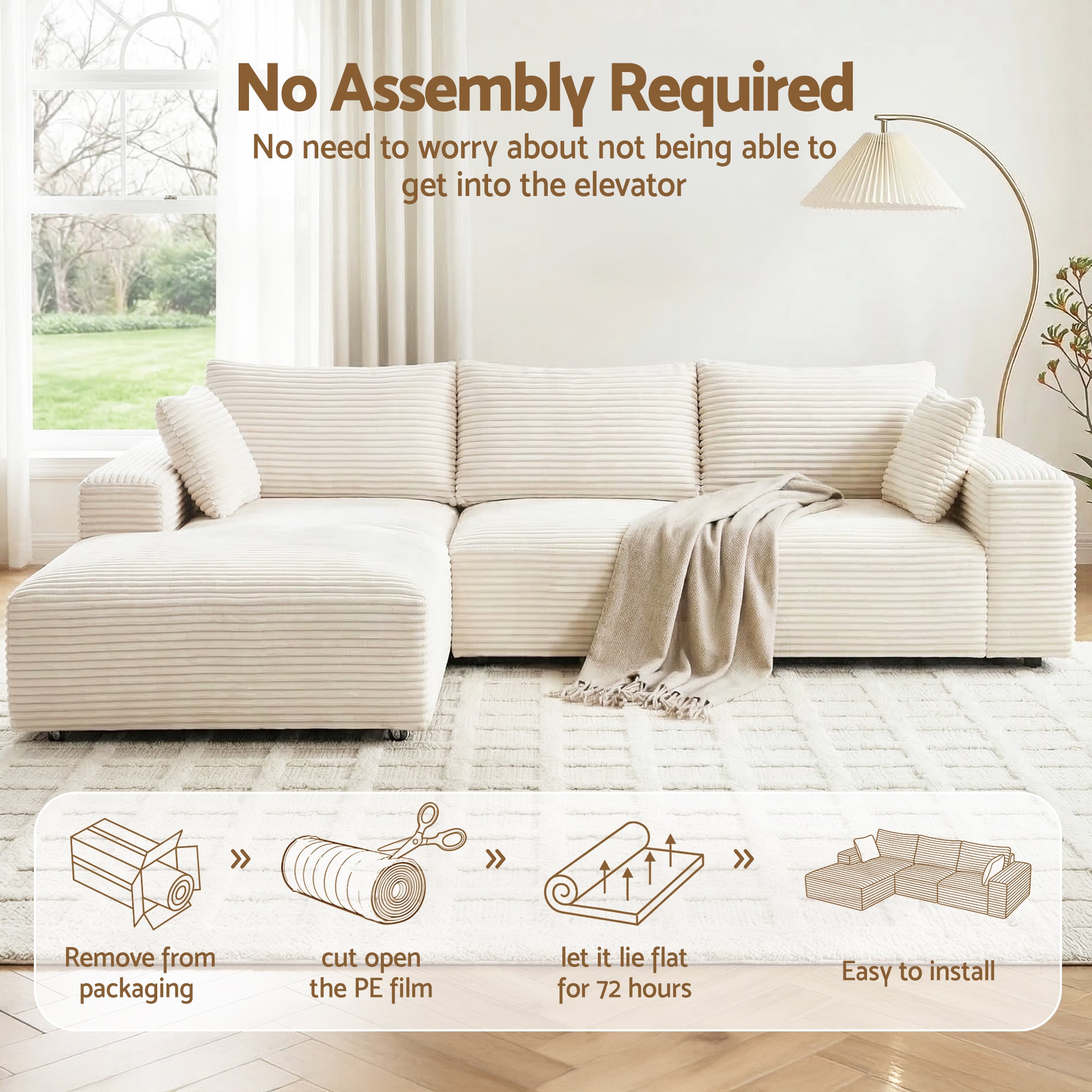 3 Seater Modular Sofa Bed Sectional Boneless Couches for Living Room Corduroy Compressed Sofa White
