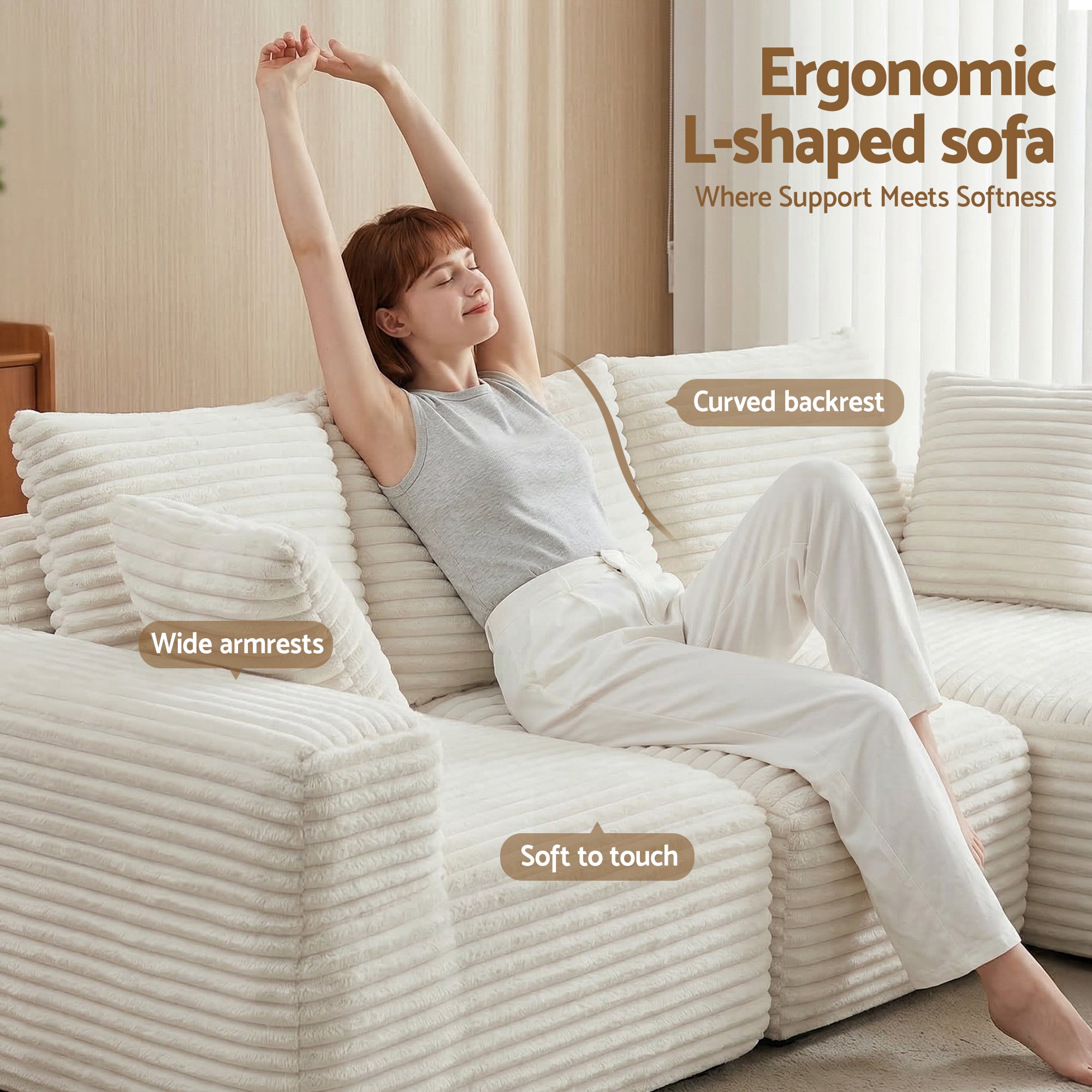 3 Seater Modular Sofa Bed Sectional Boneless Couches for Living Room Corduroy Compressed Sofa White