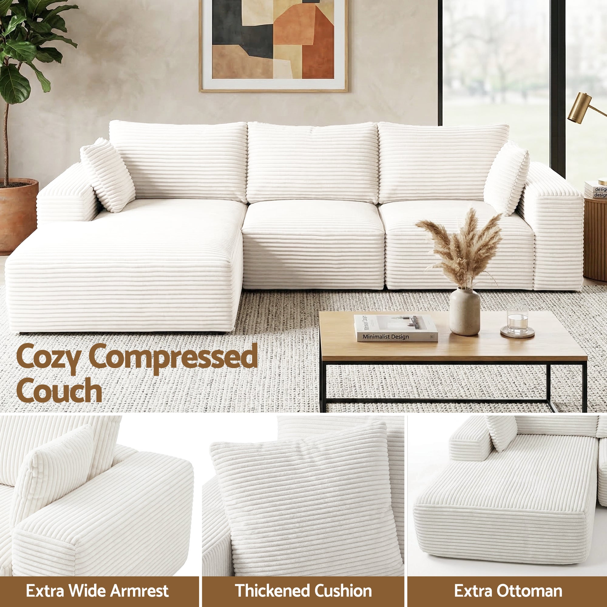 3 Seater Modular Sofa Bed Sectional Boneless Couches for Living Room Corduroy Compressed Sofa White
