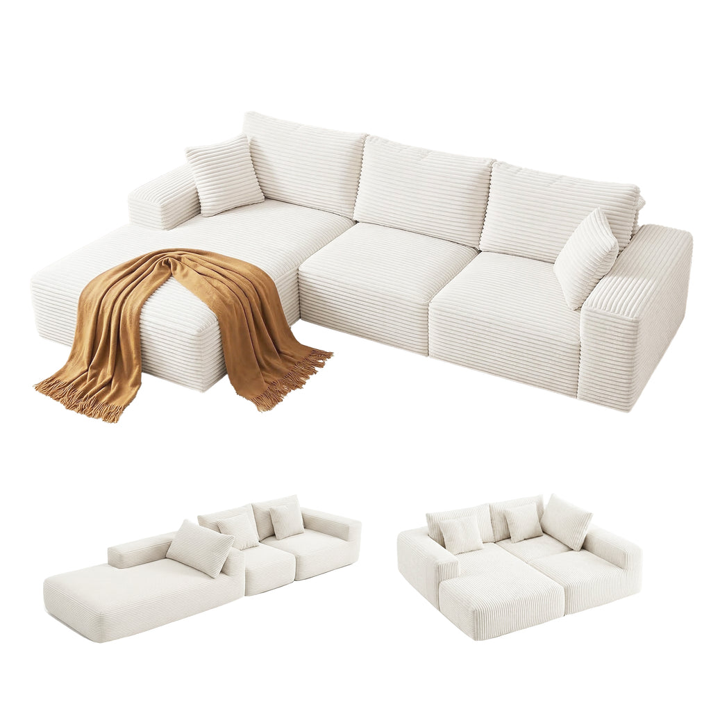 3 Seater Modular Sofa Bed Sectional Boneless Couches for Living Room Corduroy Compressed Sofa White
