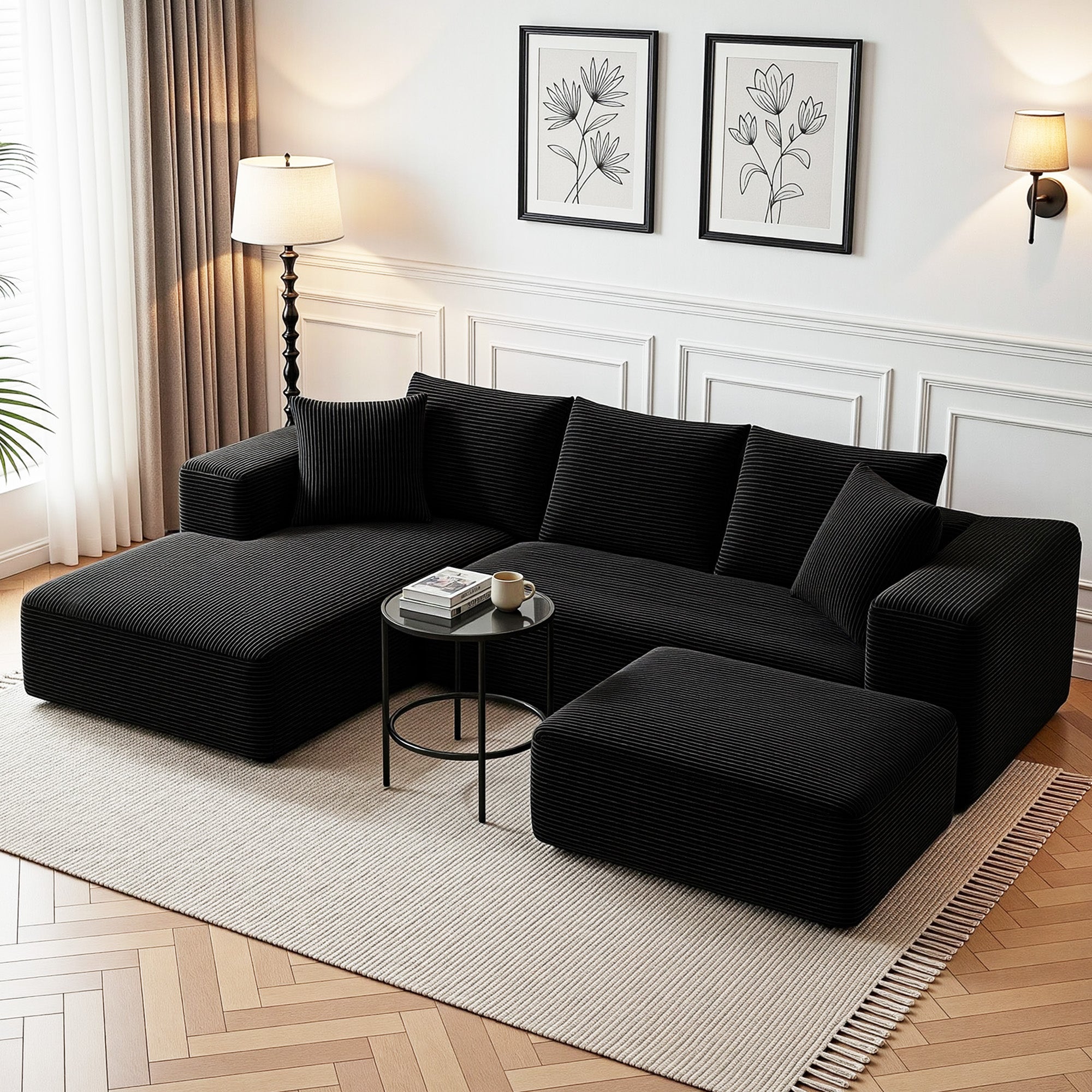 Modular Sofa Bed with Ottoman Sectional Boneless Couches for Living Room Corduroy Compressed Sofa Black