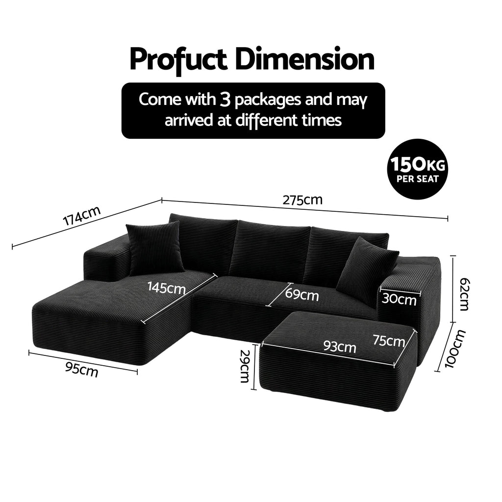 Modular Sofa Bed with Ottoman Sectional Boneless Couches for Living Room Corduroy Compressed Sofa Black