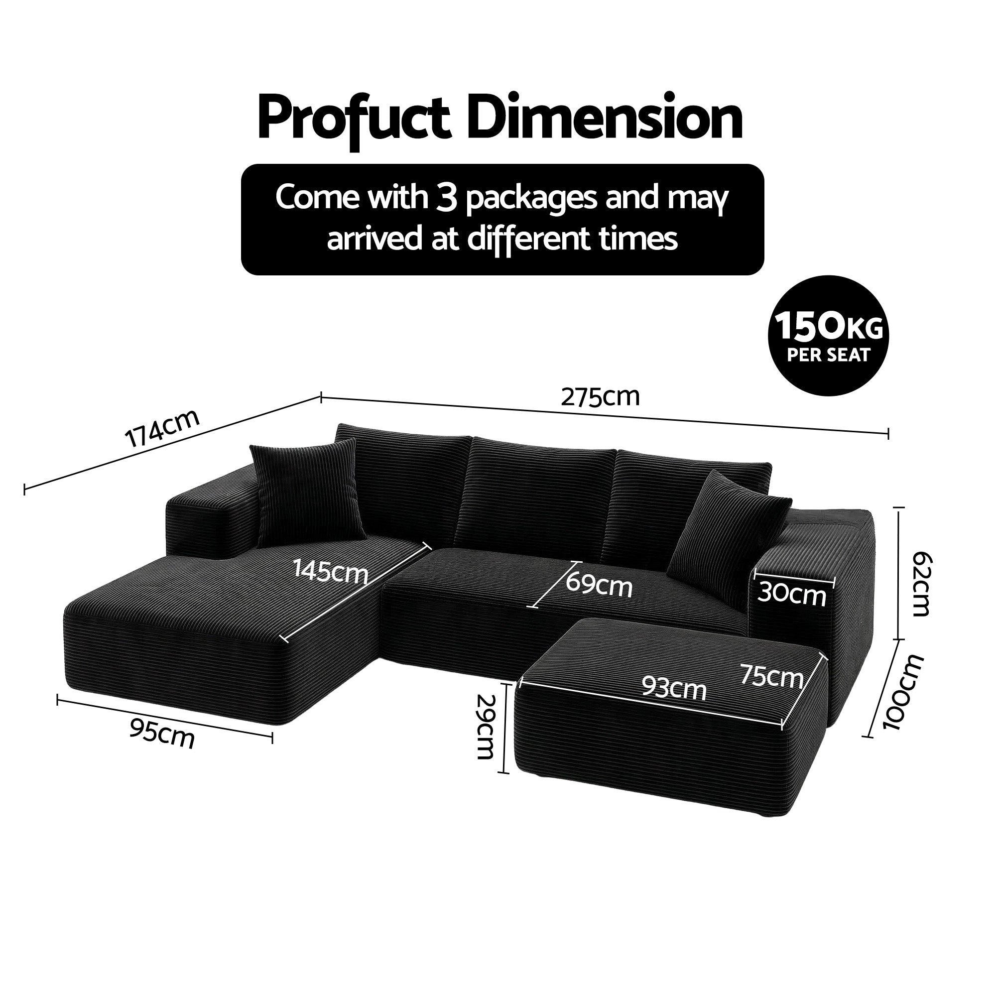 Modular Sofa Bed with Ottoman Sectional Boneless Couches for Living Room Corduroy Compressed Sofa Black