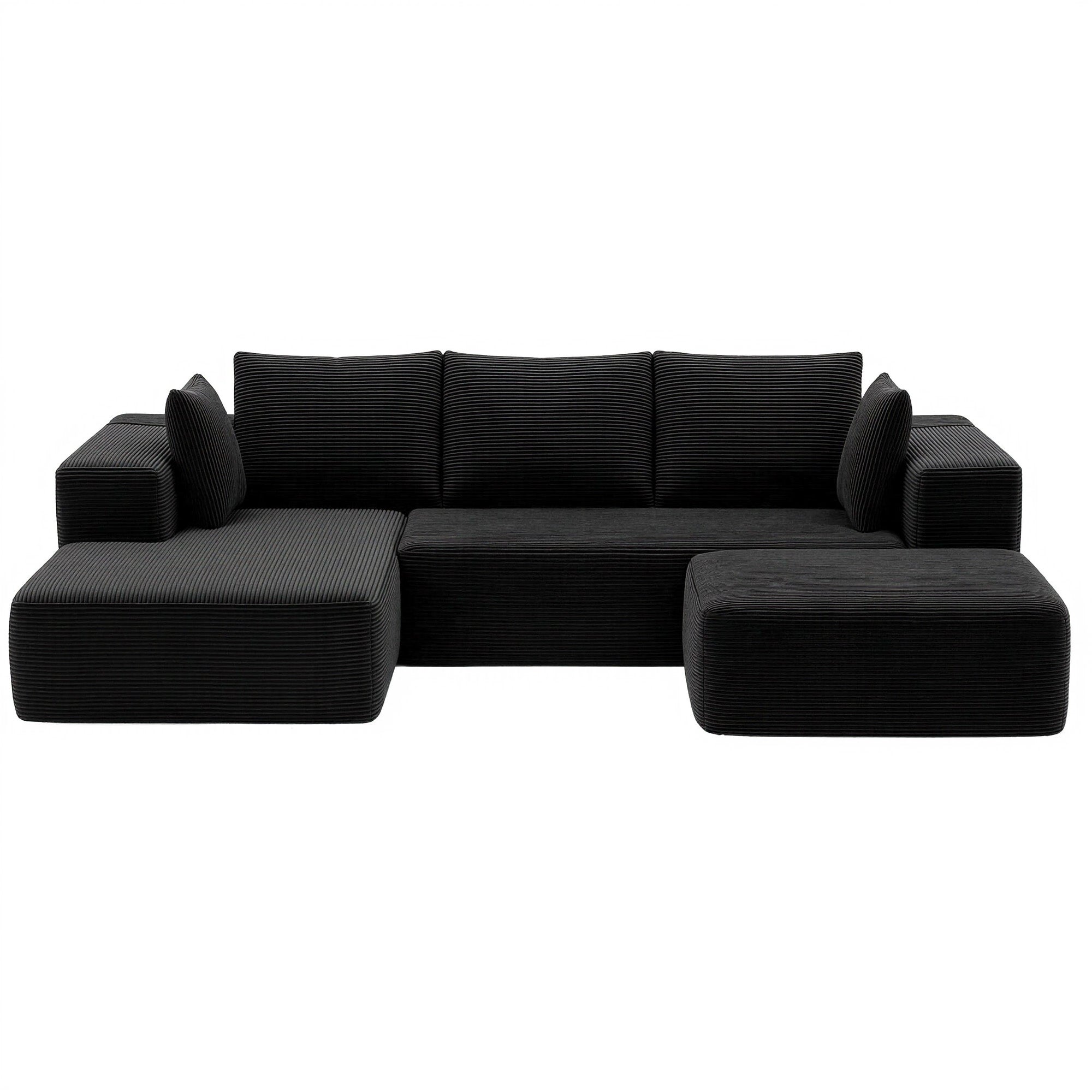 Modular Sofa Bed with Ottoman Sectional Boneless Couches for Living Room Corduroy Compressed Sofa Black