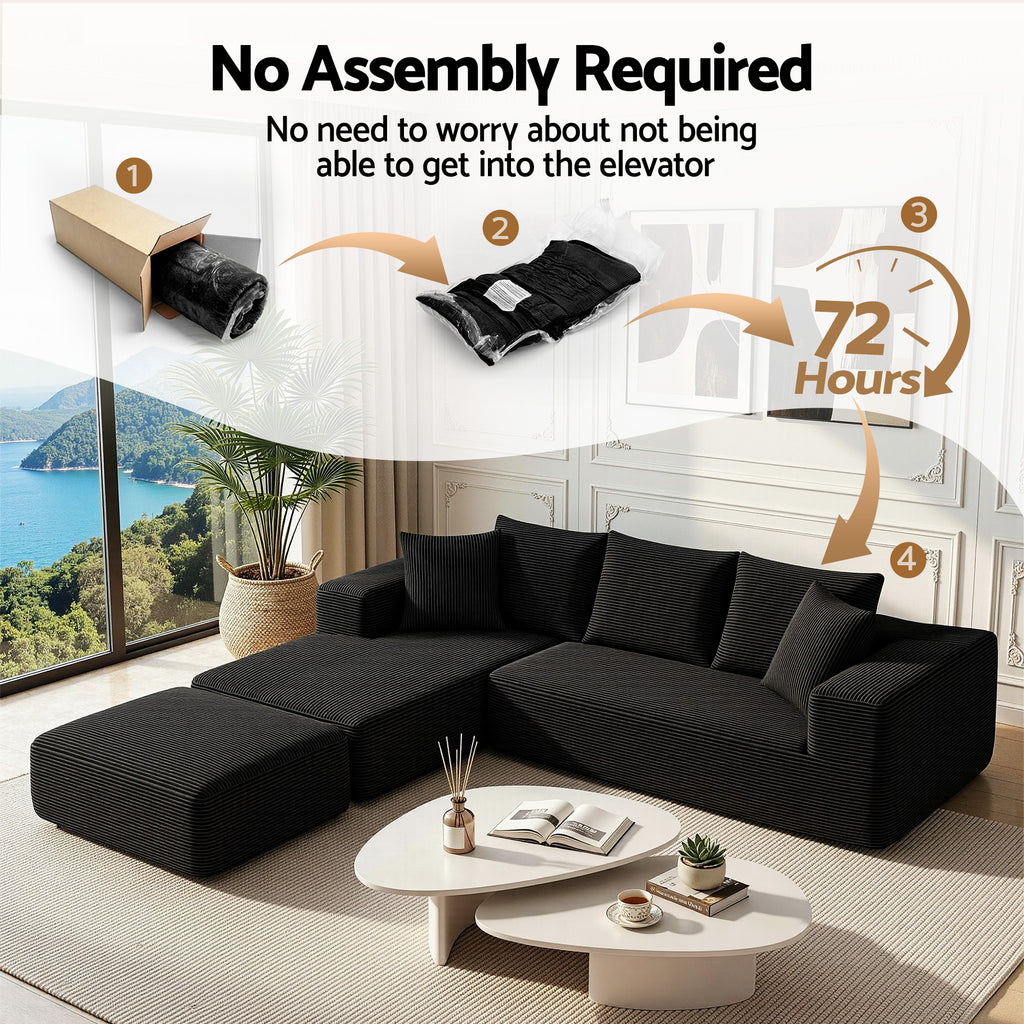 Modular Sofa Bed with Ottoman Sectional Boneless Couches for Living Room Corduroy Compressed Sofa Black