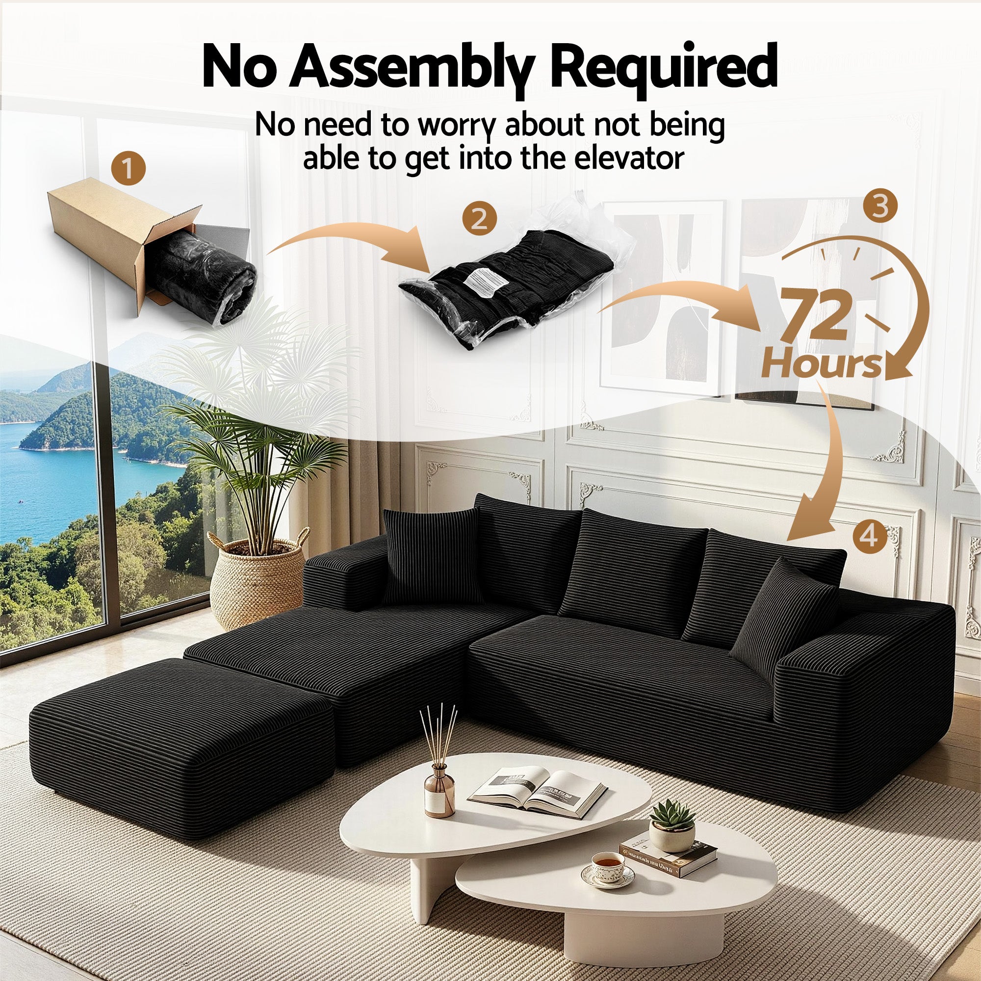 Modular Sofa Bed with Ottoman Sectional Boneless Couches for Living Room Corduroy Compressed Sofa Black