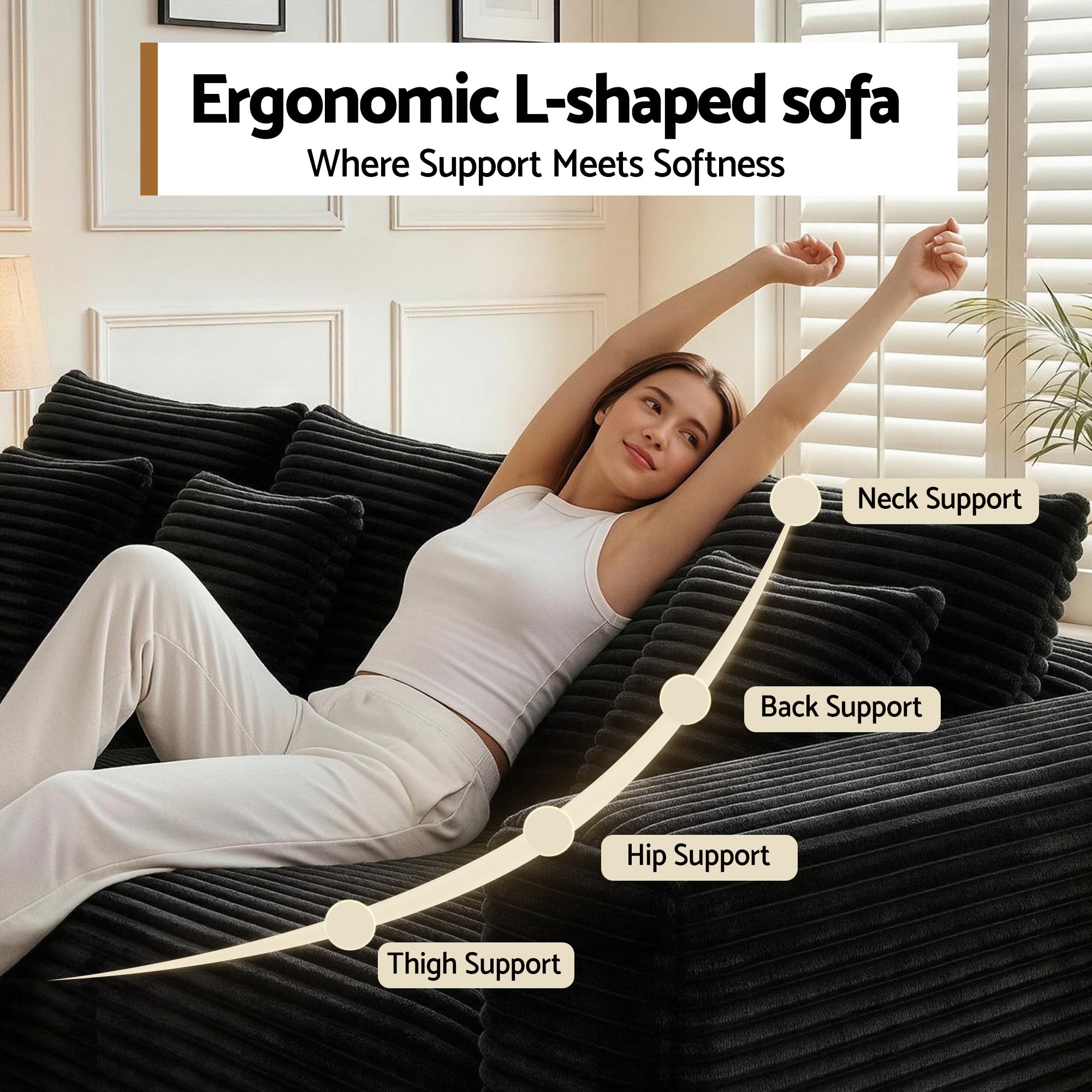 Modular Sofa Bed with Ottoman Sectional Boneless Couches for Living Room Corduroy Compressed Sofa Black