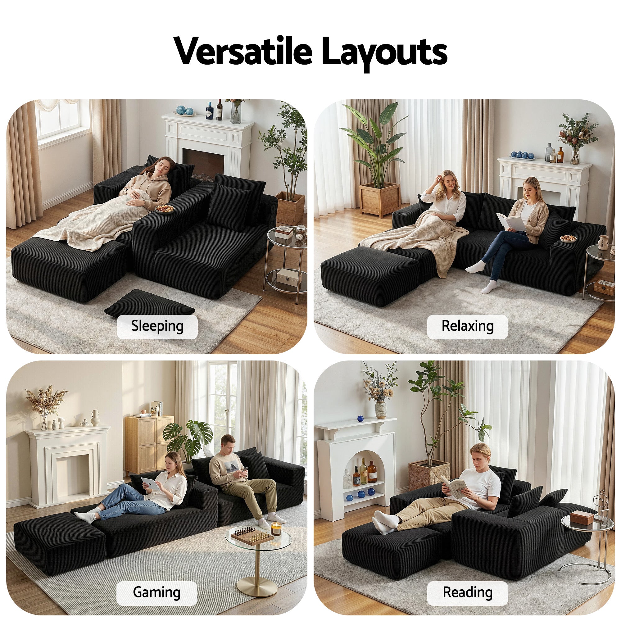 Modular Sofa Bed with Ottoman Sectional Boneless Couches for Living Room Corduroy Compressed Sofa Black