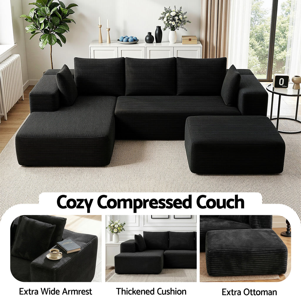 Modular Sofa Bed with Ottoman Sectional Boneless Couches for Living Room Corduroy Compressed Sofa Black
