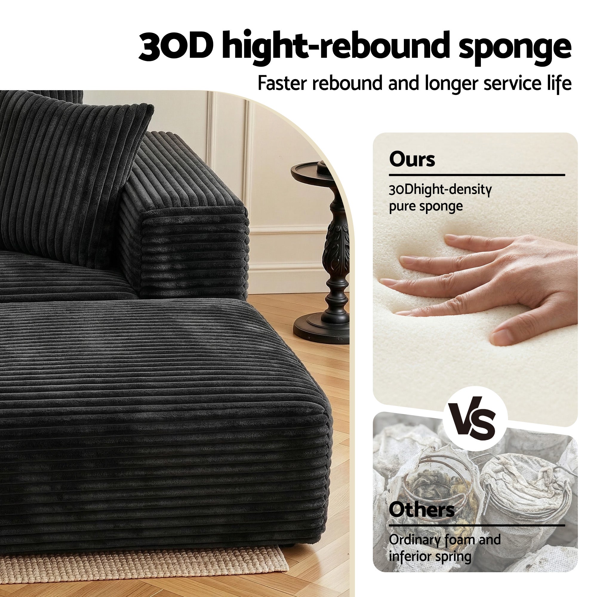 Modular Sofa Bed with Ottoman Sectional Boneless Couches for Living Room Corduroy Compressed Sofa Black
