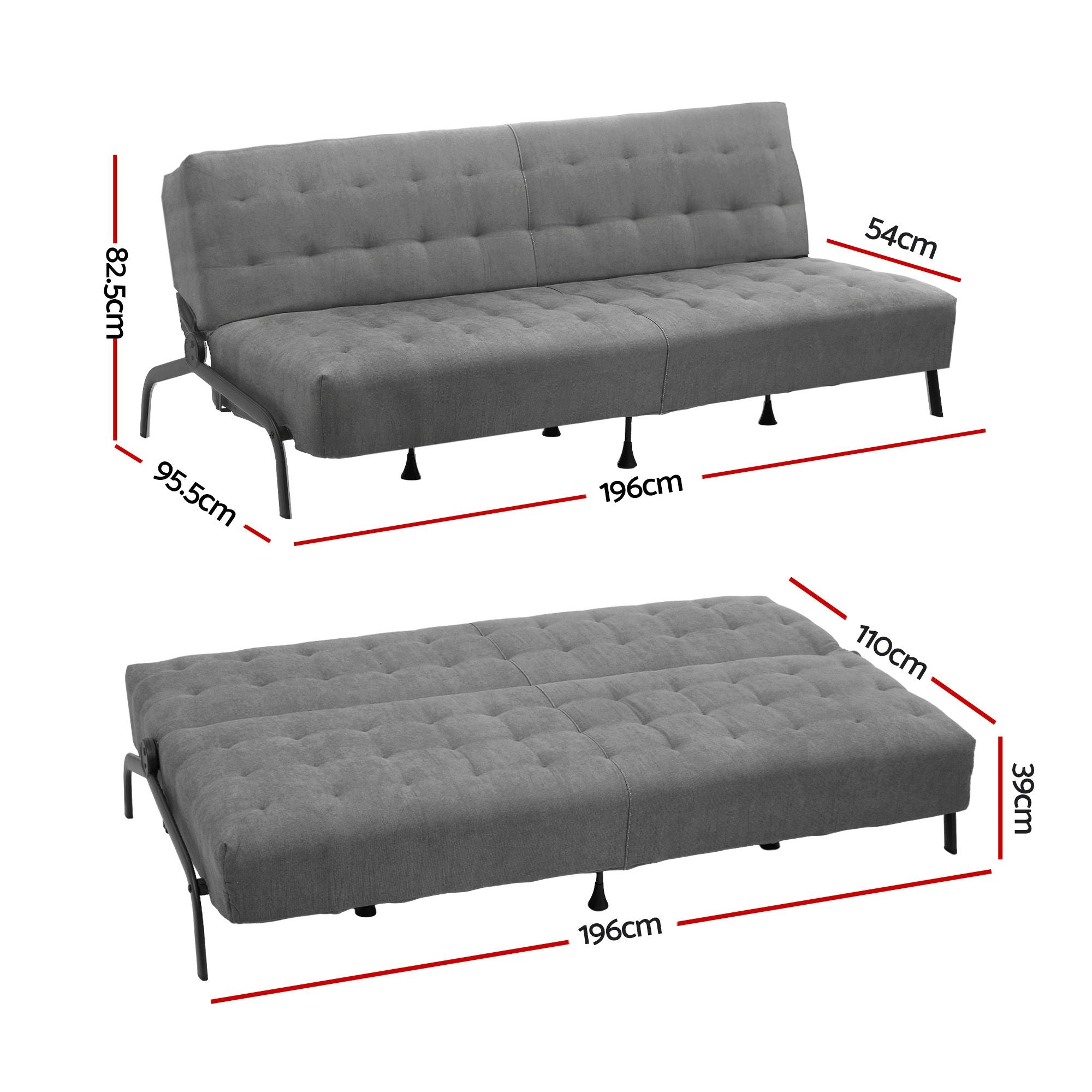 Sofa Bed, 1.9m 3-Seater Soft Innerspring Adjustable Couch Futon Chair for Apartment Dorm Living Room Office Study Bedroom, Grey