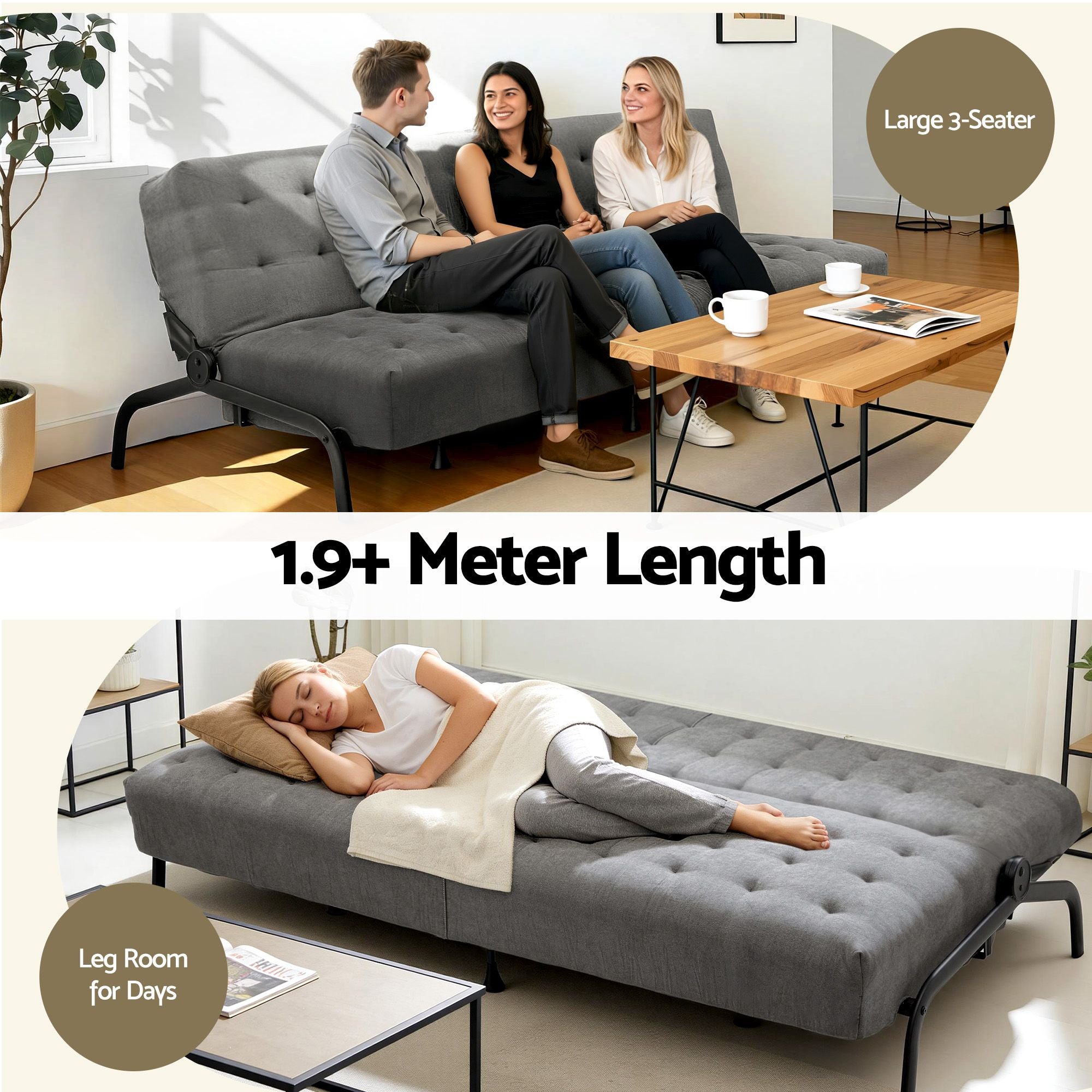 Sofa Bed, 1.9m 3-Seater Soft Innerspring Adjustable Couch Futon Chair for Apartment Dorm Living Room Office Study Bedroom, Grey