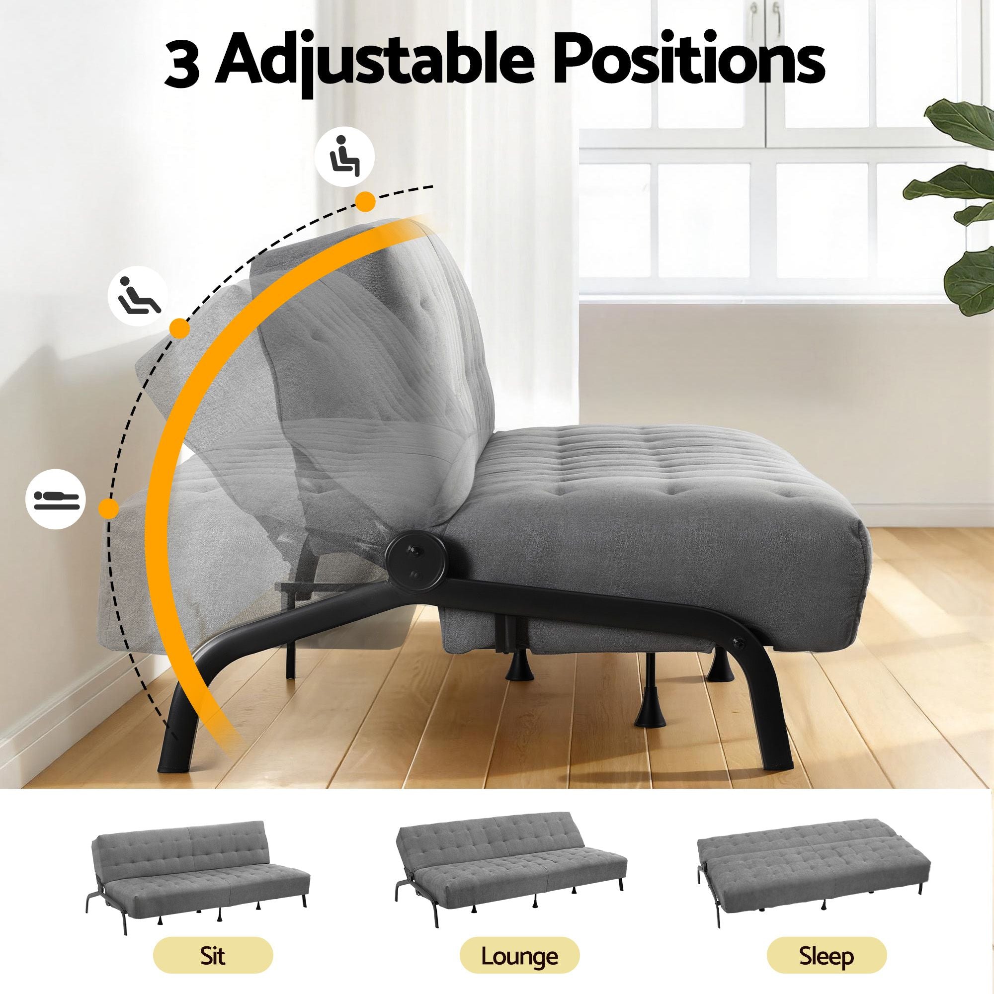 Sofa Bed, 1.9m 3-Seater Soft Innerspring Adjustable Couch Futon Chair for Apartment Dorm Living Room Office Study Bedroom, Grey