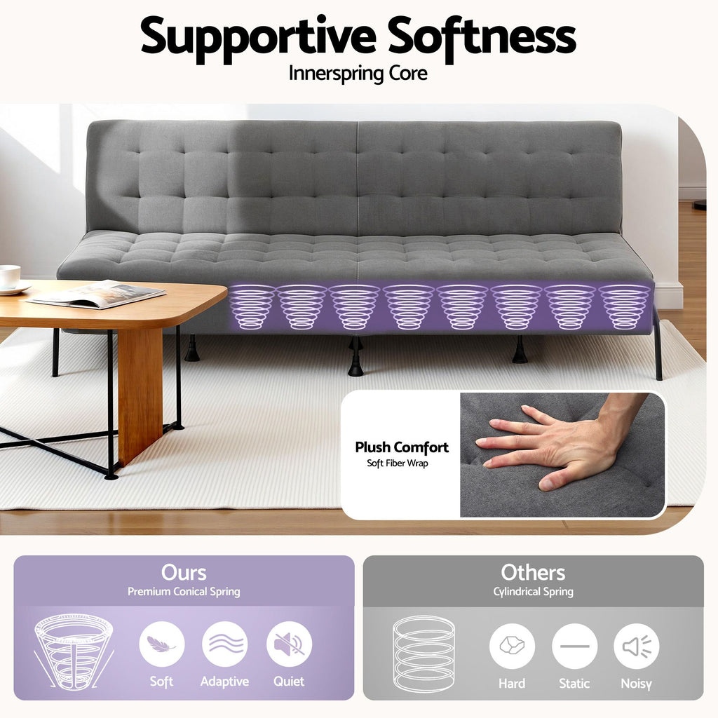 Sofa Bed, 1.9m 3-Seater Soft Innerspring Adjustable Couch Futon Chair for Apartment Dorm Living Room Office Study Bedroom, Grey