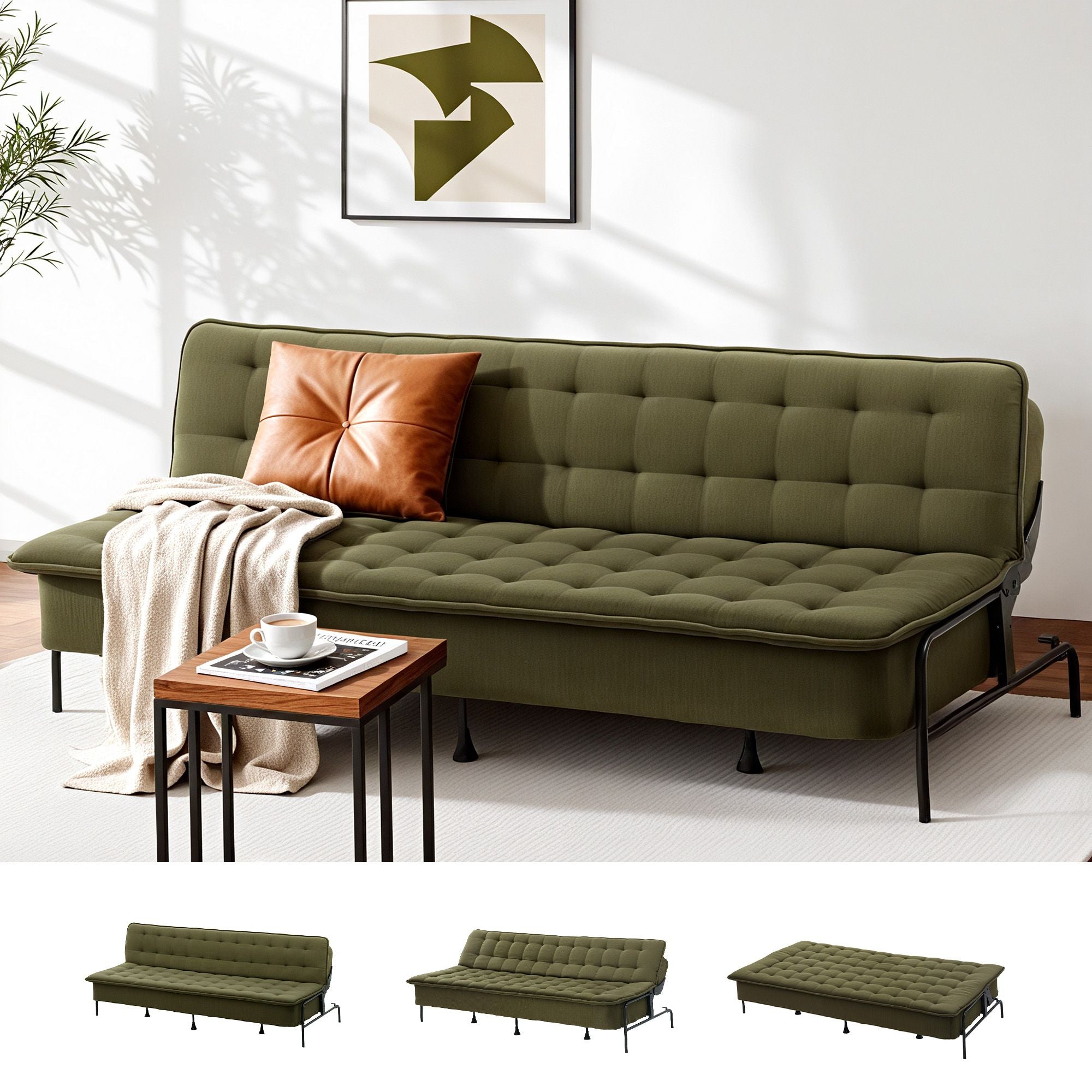Sofa Bed, 1.9m 3-Seater Soft Innerspring Adjustable Couch Futon Chair for Apartment Dorm Living Room Office Study Bedroom, Green